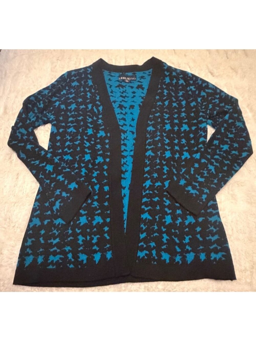 Leslie Fay Black & Teal Blue Abstract Pattern Cardigan Knit Sweater Women Size M